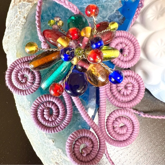 Vintage Up Cycled Wired Wrapped Gem Stones Macramé Woven Adjustable Necklace - Picture 3 of 7